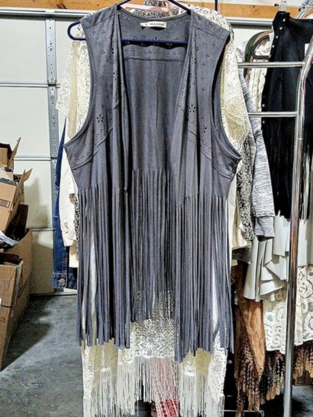 Maurices Gray Faux-suede Fringe Vest/Duster with laser-cut floral details